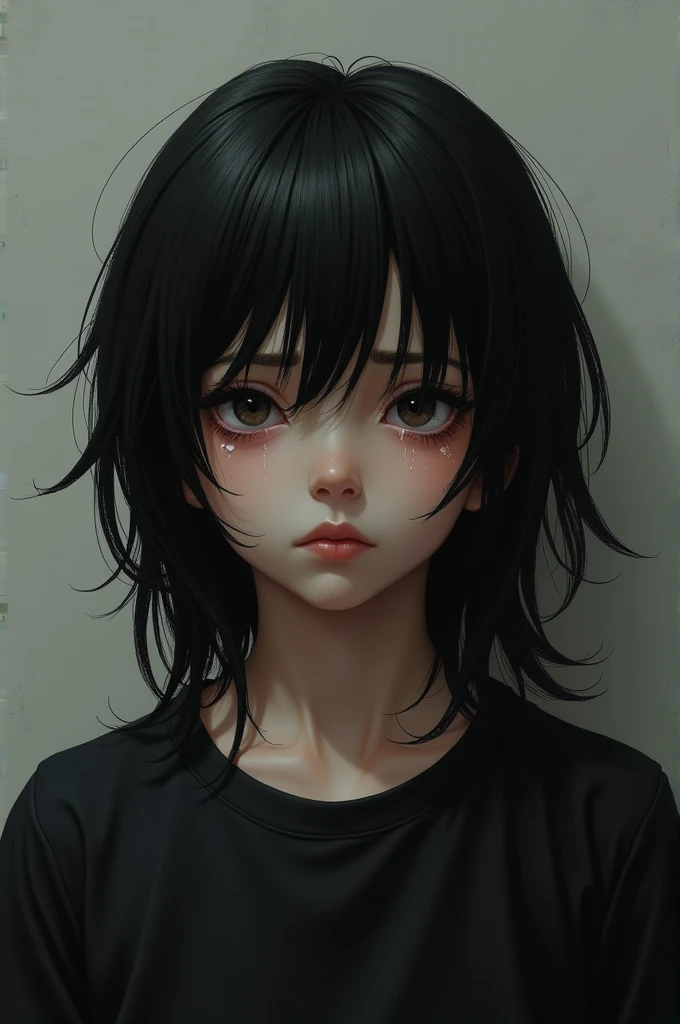 Boy with long black hair in black t-shirt crying