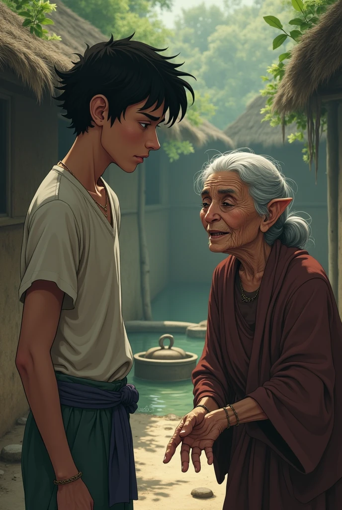 Description: The young Karãu, handsome but arrogant looking, He ignores his elderly mother who asks him for help to carry water. Text: "Karãu had a very sick mother, but he, full of vanity and selfish desires, I ignored her."