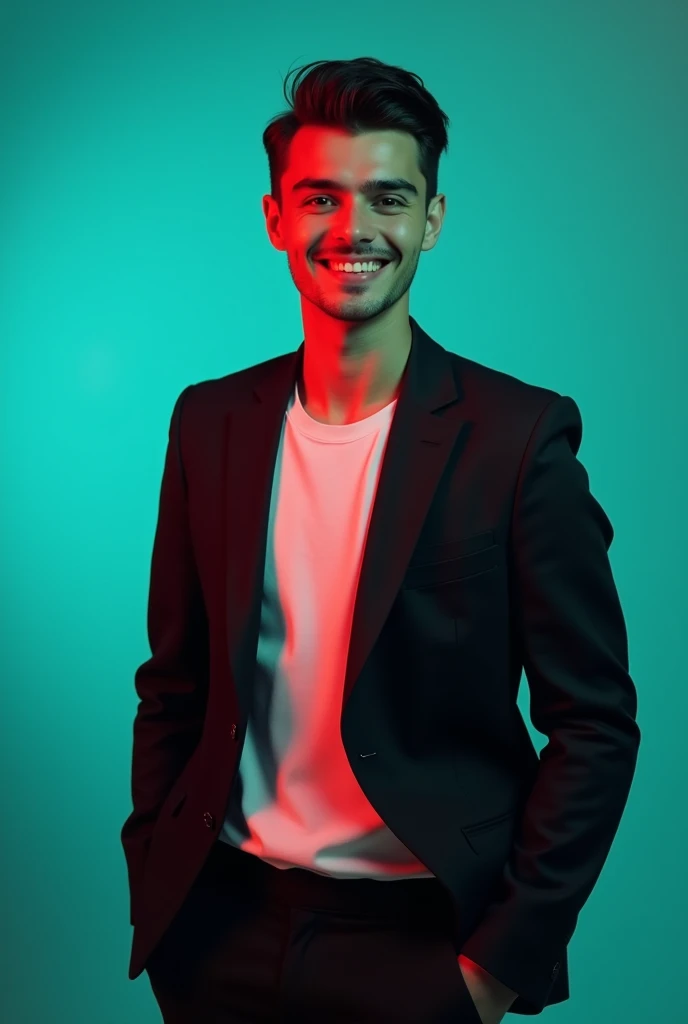 A young Man With Dark hair and a confident smile He is Dressed in a black blazer over a white shirt The man is positioned against aqua colour backdrop with a subtle red lighting on t