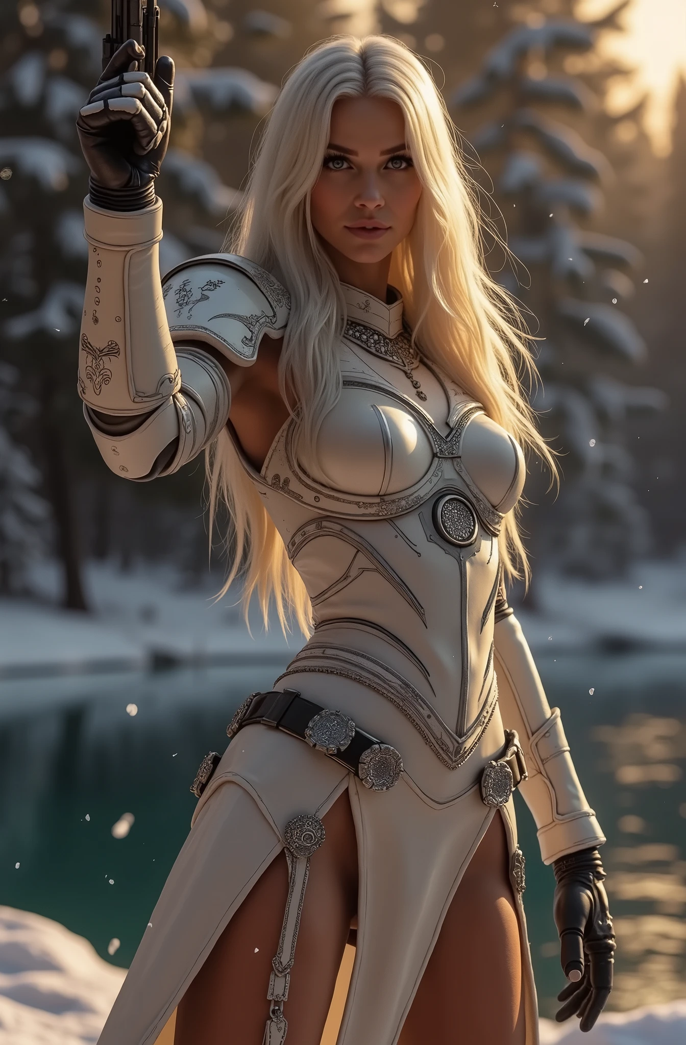 a beautiful woman with long platinum blonde hair, porcelain skin, ice blue eyes, sexy sisters of battle from the warhammer 40k, shooting at the enemy, rwhite space marine armor with intricate details, religous symbols on the armor, sisters of battle, warhammer 40k, Massive silicone breast, pale skin, seductive, temptation, eat your soul, clevage, , standing in a magical winter wonderland with snow-covered trees and frozen lakes, intricate ice crystals and snowflakes surrounding her, (best quality,4k,8k,highres,masterpiece:1.2),ultra-detailed,(realistic,photorealistic,photo-realistic:1.37),fantasy,digital art,cinematic lighting, highly detailed armor, intricate futuristic weaponry, gritty and realistic, mecha, science fiction, hyper-detailed, photorealistic, award winning digital art, 8k, HDR, masters work, in the middle of a battle field, full body combat action pose, explosions and fire around, full war, stunning, Stilleto heels, high heels, full body pose, cinematic, dust and debree, combat screams, attacking, shooting at the enemy, sisters of battle, warhammer 40kdramatic color palette,frozen landscape,ice powers,snow queen