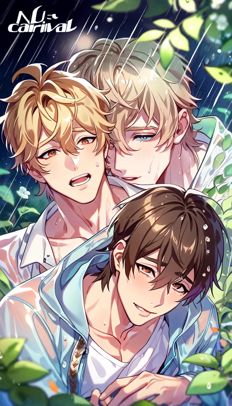 absurdres, highres, ultra detailed, HDR, master piece, best quality, extremely detailed, detailed eyes, detailed face, Quincy, blonde hair, expressive orange eyes, Nu Carnival, Eiden, brown hair, expressive brown eyes, two sexy men together, yaoi, gay couple, handsome, horny, lewd, wet, light-blue transparent rain coat, transparent black rain coat, his white shirt can be seen through, spring, flowers, green leaves, magical forest, dark fantasy, rain, night
