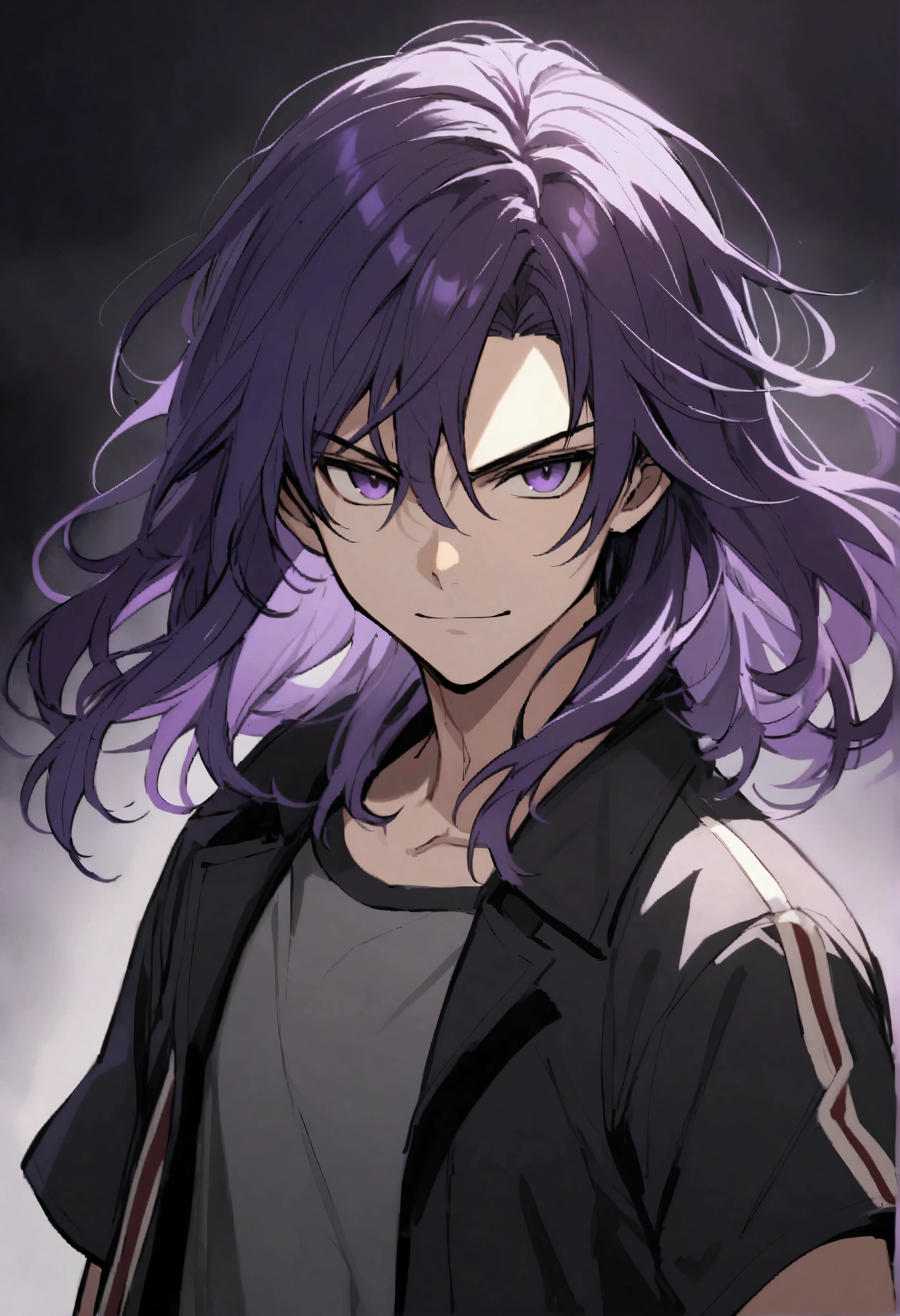 teenage boy, tidy hair, medium length hair, multicolored black and purple hair, middle stripe, dark purple eyes, serious face, simple smile, gray shirt, loose black short sleeve overcoat.