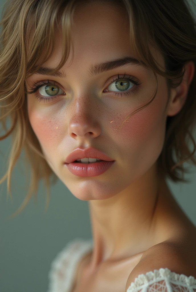Realistic image of a fair-skinned woman, shorth hair, straight and dark blonde, big green eyes and sparks. delicate features, blushed face, some freckles, rosy lips. sexy without being vulgar.