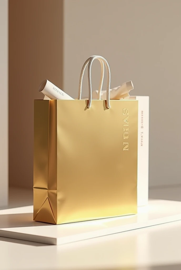 Create an image post of a gleaming paper shopping bag in golden, white and beige tones, symbolizing luxury, craftsmanship and innovation. The shoping bag should be prominently featured against a minimalistic background, conveying a sense of anticipation and excitement. Include subtle hints of a shop or storefront in the background to suggest that we will soon be opening a store. Overall, the image should evoke a feeling of quality and readiness, inviting our audience to look forward to our upcoming launch