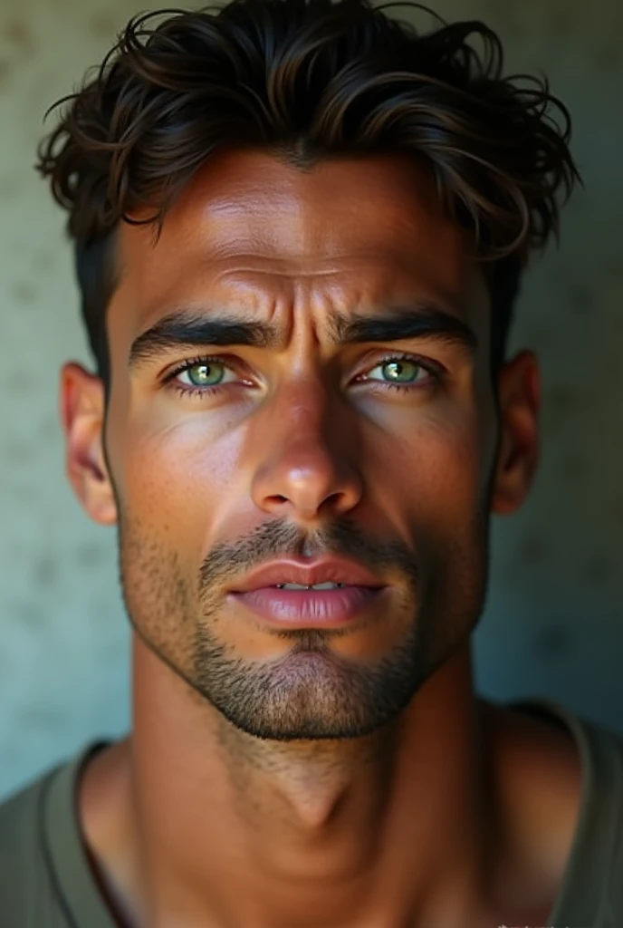 (Photorealism:1.2), Handsome brown brazilian man face, yeux verts