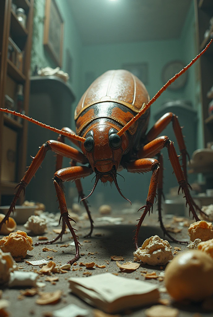Image from the following text A cockroach with 8 legs and 2 antennae discovers a messy room and tries to figure out what's inside, a big cockroach in a big room