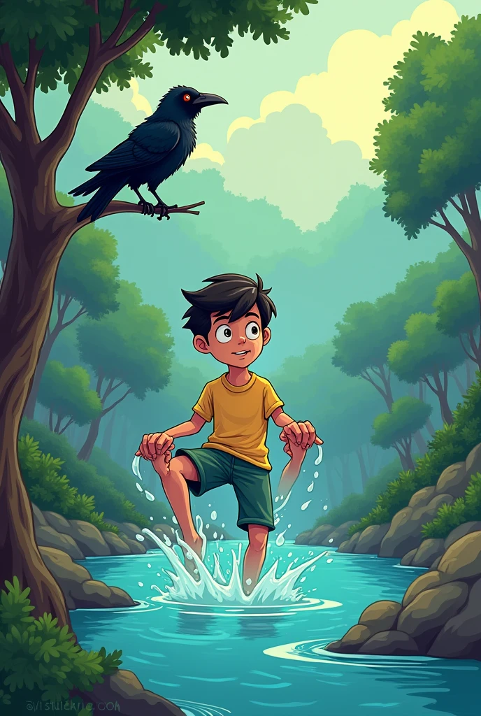 A mysterious river with hands holding a young man's legs and a crow on a tree branch Cartoon style.