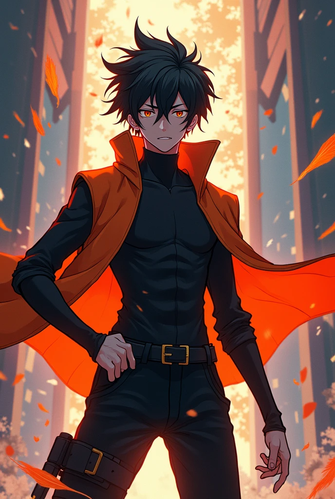 Male Japanese cartoon anime character in black and orange outfit with beautiful effects in 4k 