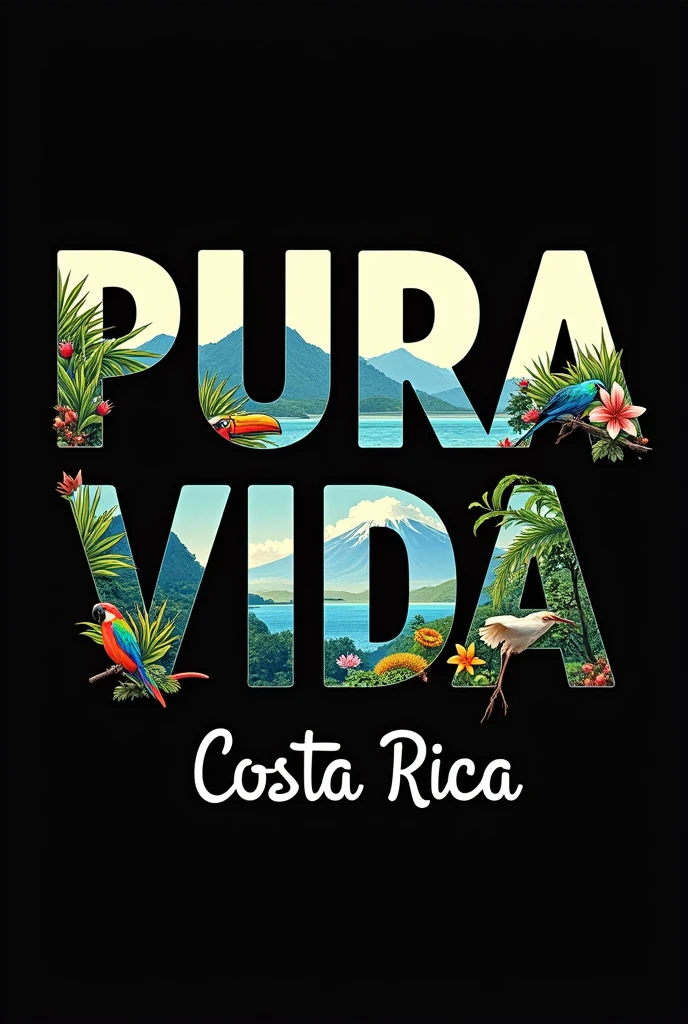 Image to print a shirt that says PURA VIDA but the background of the letter is representative animals of Costa Rica and below in a thinner and smaller letter that says Costa Rica( Landscapes and animals must be within the letters that say pure life, They cannot protrude or go beyond the edges of the letters and they have to be real.)
And I need the background of the image to be black, real animals and the bushes not to protrude from the letters