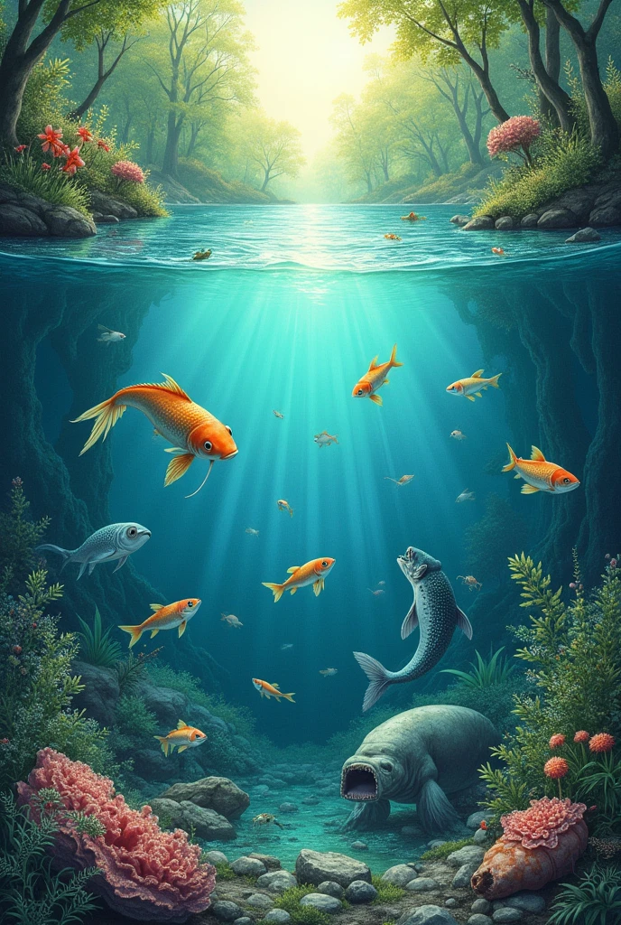 Make a drawing of a lake with carnivorous and herbivorous aquatic animals where sunlight is reflected in the lake. And there are bacteria and fungi with dead animals 
