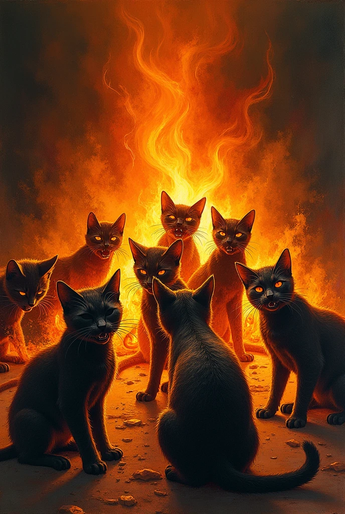 Drawing of 7 cats burning alive