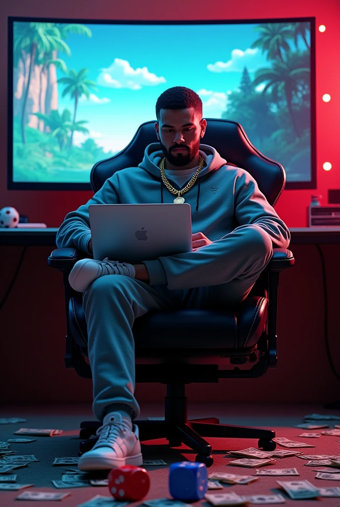 high resolution, ultra detaild), (cinematic), (ultra HD), standing alone, gucci tracksuit outfit,gold chain on neck , short goatee and beard,sitting gamer chair macbook on lap, in the background a curved screen monitor,, 2 dice on the floor, one blue and one red, a lot of money, de casino,
