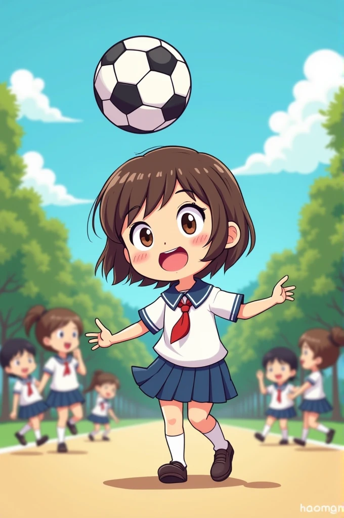 Cartoon of young girl in school uniform hit on the head with soccer ball