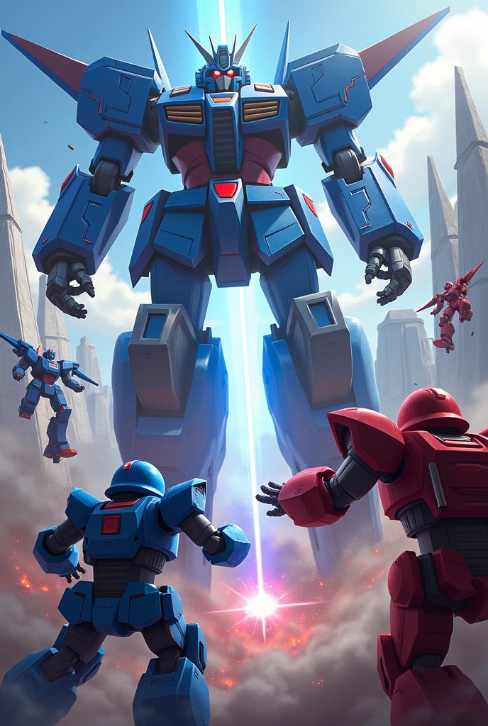 I want several giant robots that have blue ones that are good and red ones that are evil and then there is a blue giant that will go there and throw the giant ray that will destroy all the red ones, they will be flying