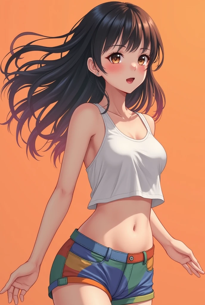 ((masterpiece)), ((Highest quality)), (Portrait of a beautiful girl), Eye for perfect detail, Face in perfect detail, Very elaborate nose, Open your mouth, Radom Color Shorts, Perfect Teeth, Exposing shoulders, Charm, Perfect Face, Dimples on cheeks, Depth of written boundary, High resolution, ((Realistic skin texture)), (Well-proportioned hands), Thin lips, Random color hair, Floating multicolored hair, Narrow waist, Orange pastel background、Japanese、high school student、cute