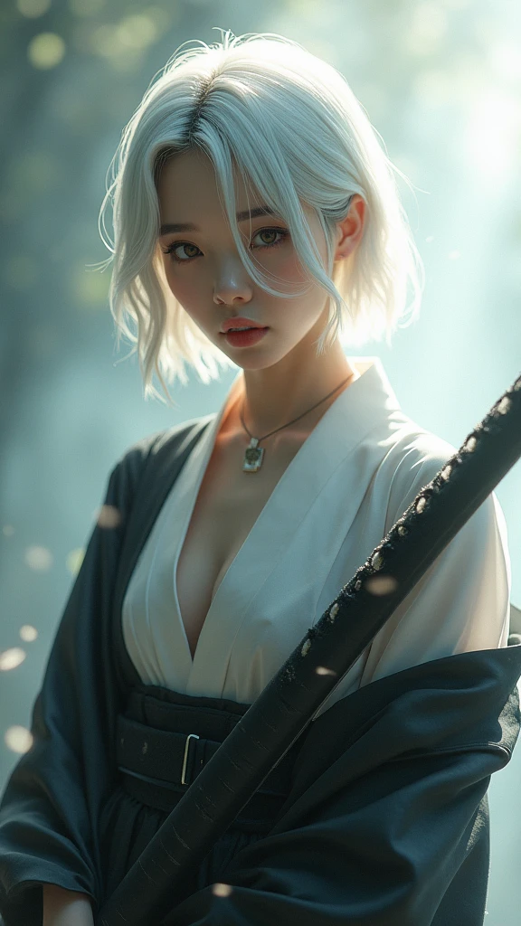 A Korean woman with short, white hair, a beautiful face showing her cleavage, wearing a black and white yukata , (holding a katana:1.2), surrealistic style, pastel tones, mid shot, dramatic light.