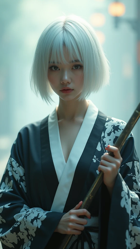 A Korean woman with short, white hair, a beautiful face showing her cleavage, wearing a black and white yukata , (holding a katana:1.2), surrealistic style, pastel tones, mid shot, dramatic light.