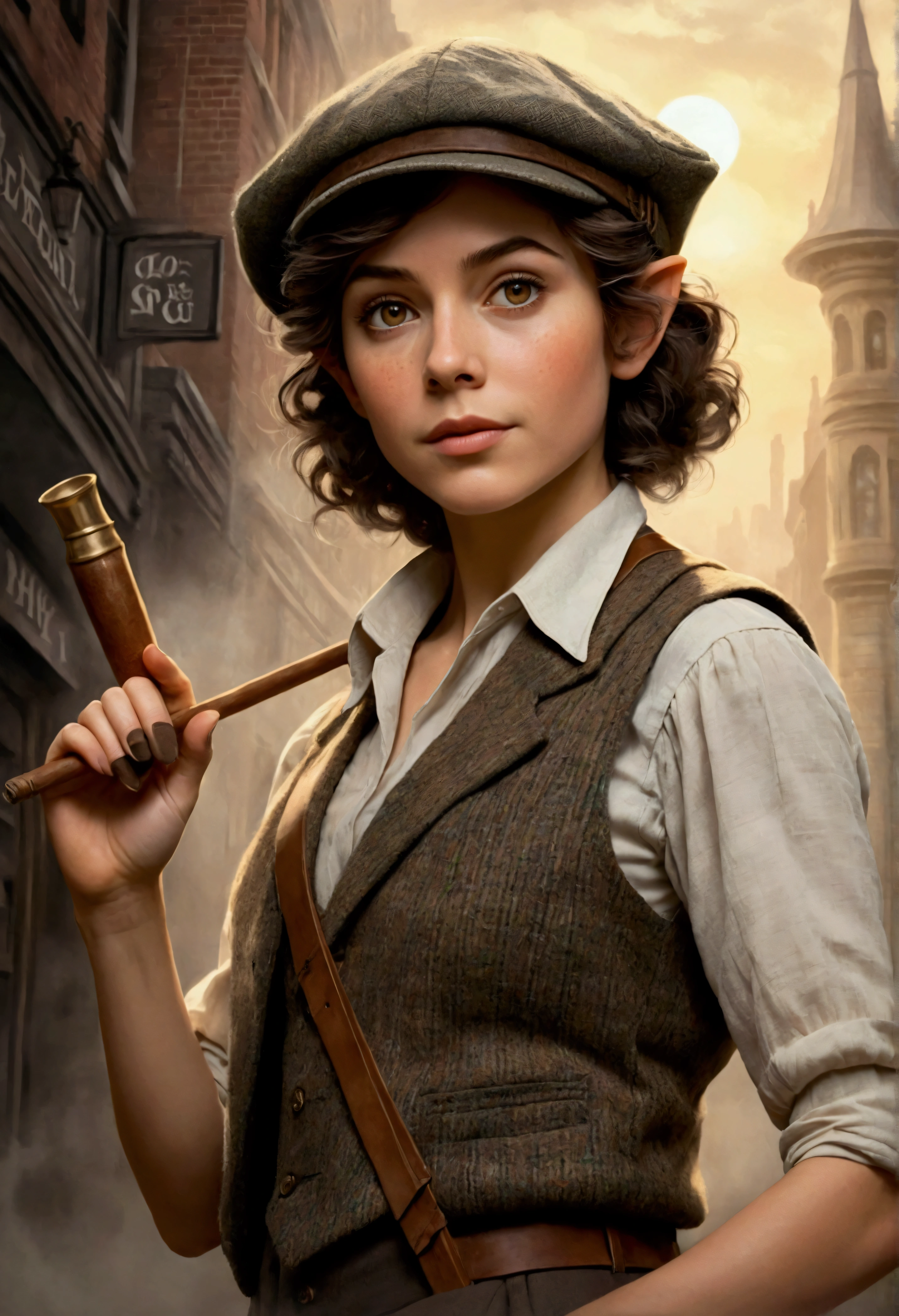 An illustrated movie poster, hand-drawn, full color, an elven maiden, wearing a tweed vest and a newsie cap, tall, toned, amazonian stature, athletic hourglass figure, long pointy elf ears, hazel eyes, dark hair, shaggy bob cut, deep sun-tanned skintone, freckles, standing on a foggy Victorian-era street corner, graphite shading, stencil marks, airbrushed acrylic paint, masterpiece, in the style of Sherlock Holmes, elf ears