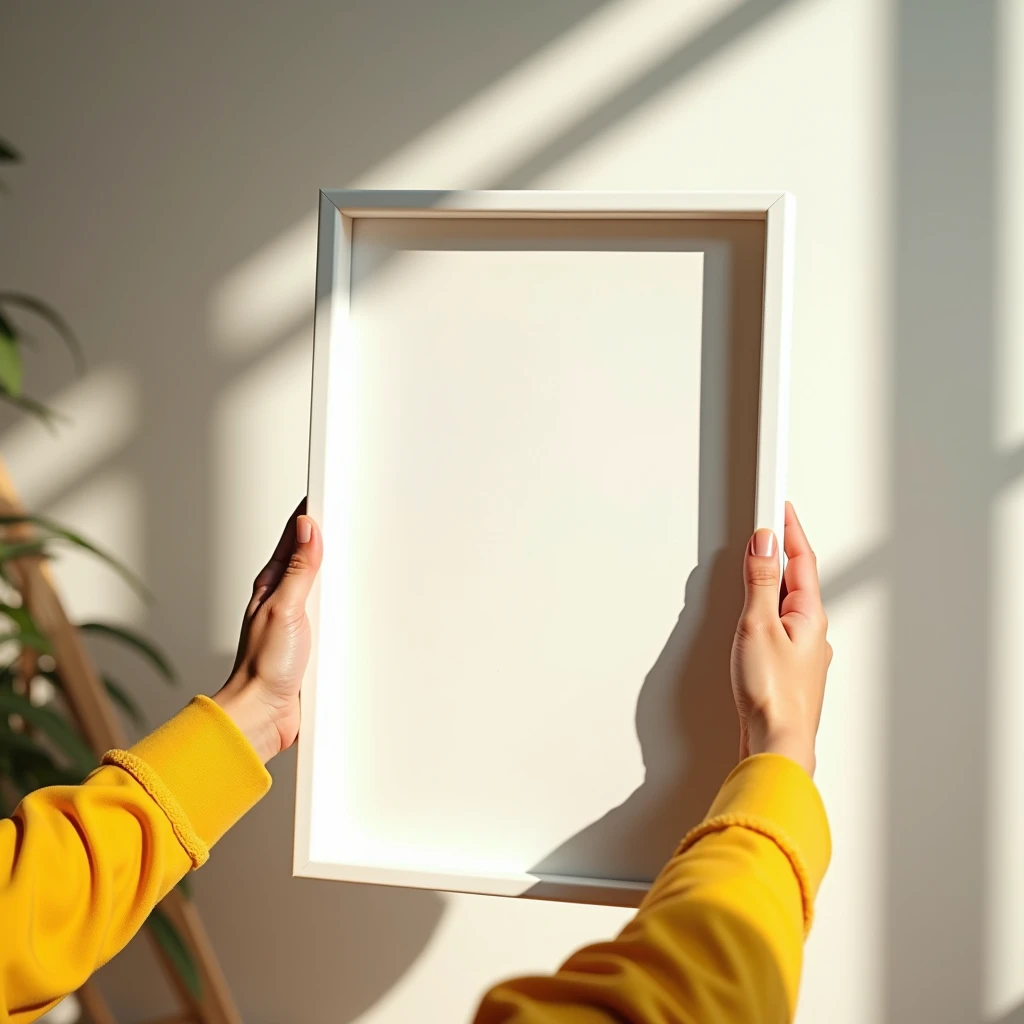 A hyper-realistic HDR scene capturing a bright and cheerful moment as a woman's hands carefully hold a vertical DIN A frame with a blank canvas (no design) and a sleek white border. The frame is positioned in front of a light-colored wall, where soft sunlight casts gentle shadows, creating a lively and warm atmosphere. The woman is wearing a vibrant yellow sleeve, adding a pop of color to the scene. The overall setting is cozy and inviting, with attention to detail in the lighting and textures, emphasizing the blank frame in a dynamic and joyful environment.