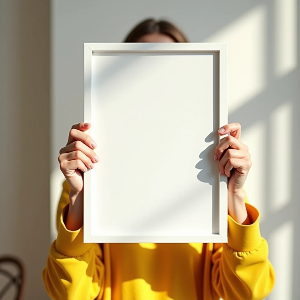 A hyper-realistic HDR scene capturing a bright and cheerful moment as a woman's hands carefully hold a vertical DIN A frame with a blank canvas (no design) and a sleek white border. The frame is positioned in front of a light-colored wall, where soft sunlight casts gentle shadows, creating a lively and warm atmosphere. The woman is wearing a vibrant yellow sleeve, adding a pop of color to the scene. The overall setting is cozy and inviting, with attention to detail in the lighting and textures, emphasizing the blank frame in a dynamic and joyful environment.