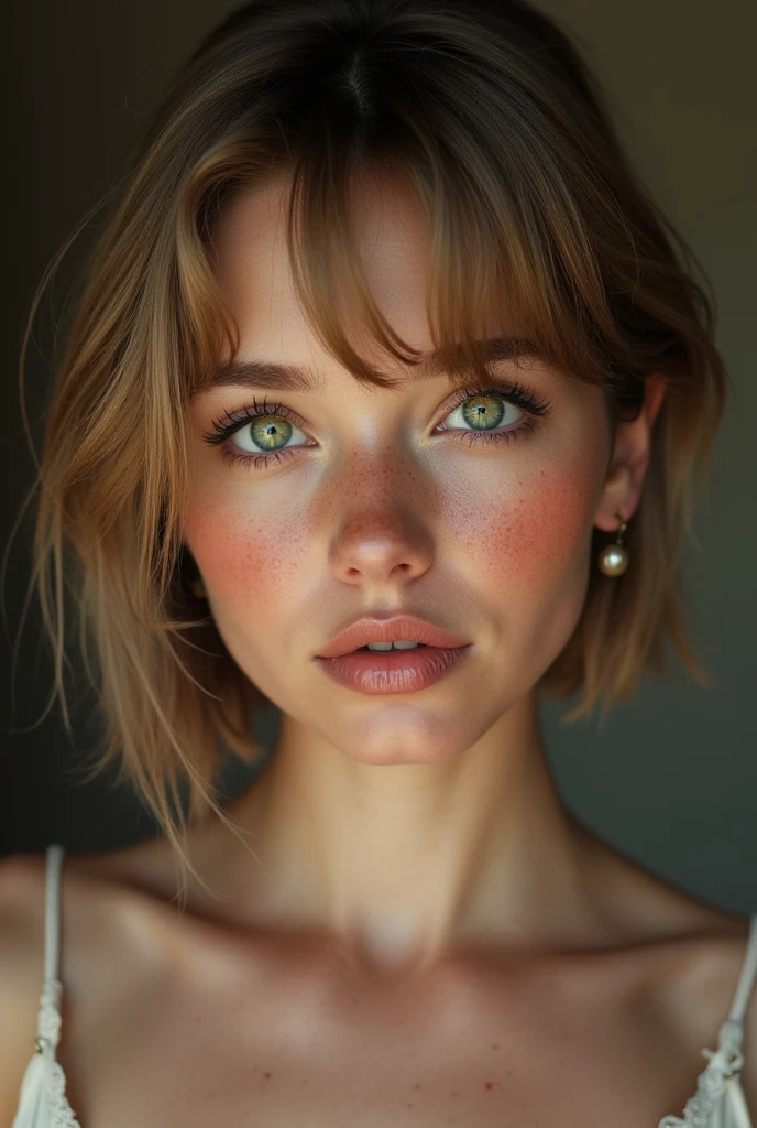Realistic image of a fair-skinned woman, shorth hair, straight and dark blonde, big green eyes and sparks. delicate features, blushed face, some freckles, rosy lips. sexy without being vulgar.