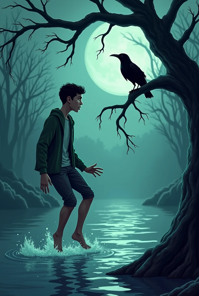 A mysterious river with hands holding a young man's legs and a crow on a tree branch Cartoon style.
Horror