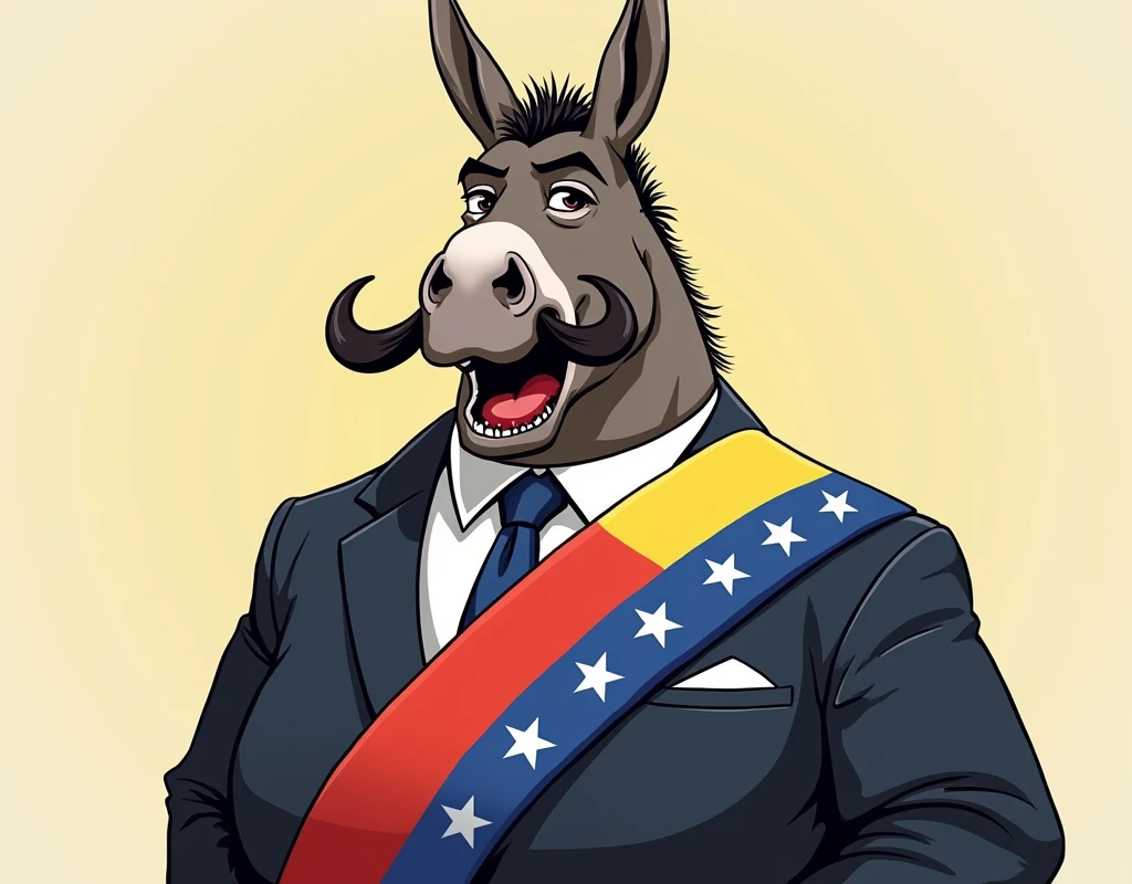 Create a cartoon image of Maduro's donkey drooling with a wide mustache and no beard, dressed in a suit with the presidential sash with three red stripes, blue and yellow in that order with 8 white stars on the blue stripe, the body must be fat.