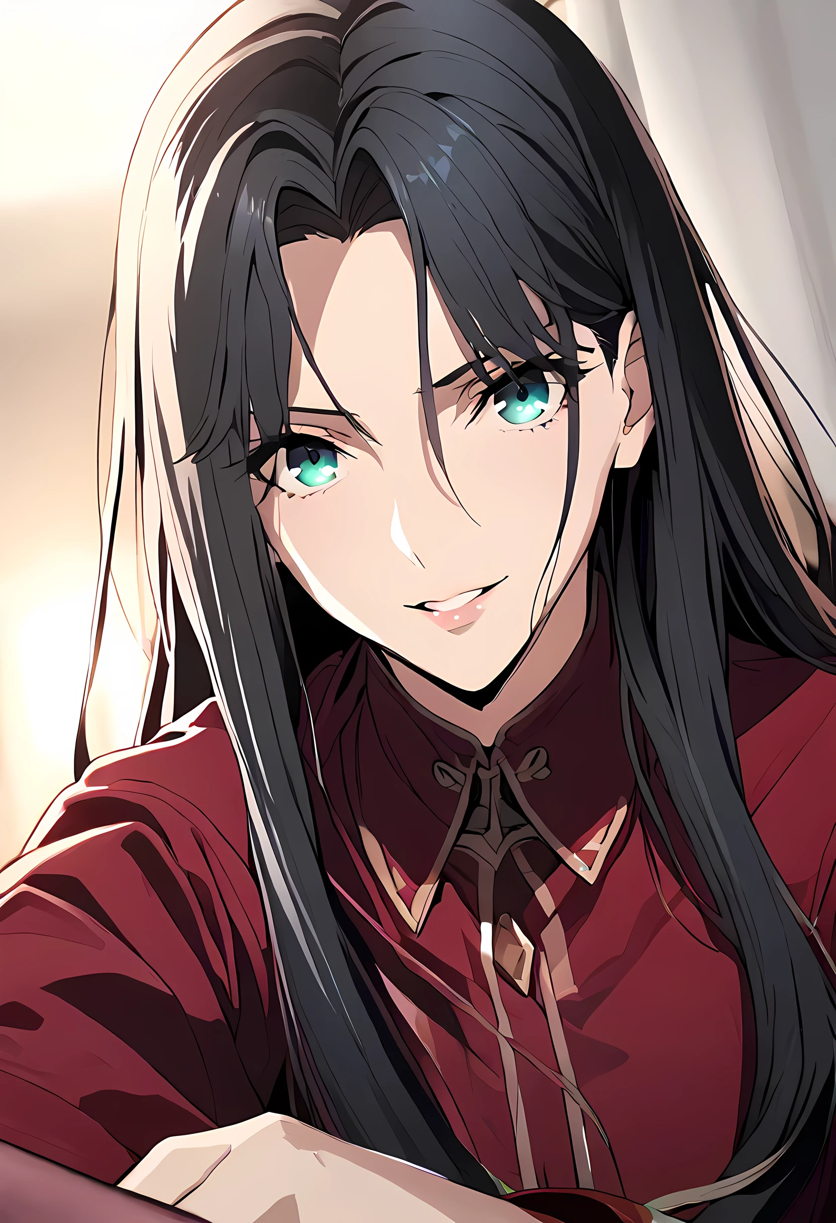 (masterpiece), best quality, very aesthetic, ultra detailed, intricate details, ((mature woman, morning, black cupid outfit, angel wings, jack-o valentine position, looking at viewer, look seductively, open chest, close up, happy, witty, bedroom, small breasts, (aqua eyes, black hair, rin tohsaka, long hair, side locks, parted bangs)