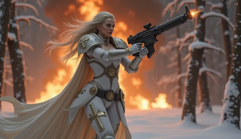 a beautiful woman with long platinum blonde hair, porcelain skin, ice blue eyes, sexy sisters of battle from the warhammer 40k, shooting at the enemy, rwhite space marine armor with intricate details, religous symbols on the armor, sisters of battle, warhammer 40k, Massive silicone breast, pale skin, seductive, temptation, eat your soul, clevage, , standing in a magical winter wonderland with snow-covered trees and frozen lakes, intricate ice crystals and snowflakes surrounding her, (best quality,4k,8k,highres,masterpiece:1.2),ultra-detailed,(realistic,photorealistic,photo-realistic:1.37),fantasy,digital art,cinematic lighting, highly detailed armor, intricate futuristic weaponry, gritty and realistic, mecha, science fiction, hyper-detailed, photorealistic, award winning digital art, 8k, HDR, masters work, in the middle of a battle field, full body combat action pose, explosions and fire around, full war, stunning, Stilleto heels, high heels, full body pose, cinematic, dust and debree, combat screams, attacking, shooting at the enemy, sisters of battle, warhammer 40kdramatic color palette,frozen landscape,ice powers,snow queen