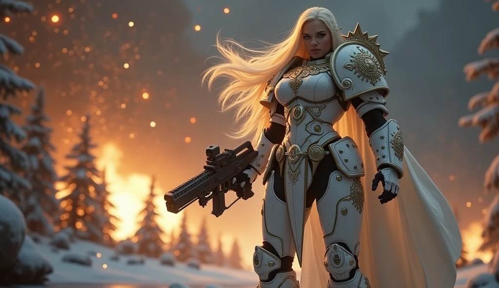 a beautiful woman with long platinum blonde hair, porcelain skin, ice blue eyes, sexy sisters of battle from the warhammer 40k, shooting at the enemy, rwhite space marine armor with intricate details, religous symbols on the armor, sisters of battle, warhammer 40k, Massive silicone breast, pale skin, seductive, temptation, eat your soul, clevage, , standing in a magical winter wonderland with snow-covered trees and frozen lakes, intricate ice crystals and snowflakes surrounding her, (best quality,4k,8k,highres,masterpiece:1.2),ultra-detailed,(realistic,photorealistic,photo-realistic:1.37),fantasy,digital art,cinematic lighting, highly detailed armor, intricate futuristic weaponry, gritty and realistic, mecha, science fiction, hyper-detailed, photorealistic, award winning digital art, 8k, HDR, masters work, in the middle of a battle field, full body combat action pose, explosions and fire around, full war, stunning, Stilleto heels, high heels, full body pose, cinematic, dust and debree, combat screams, attacking, shooting at the enemy, sisters of battle, warhammer 40kdramatic color palette,frozen landscape,ice powers,snow queen