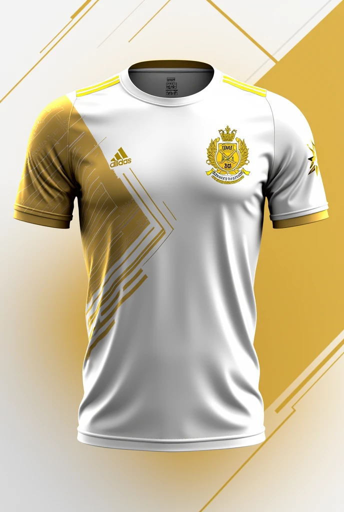 Create a mockup of a commemorative sports t-shirt in celebration of Atlética's 10th anniversary. The shirt must be predominantly white with gold details..
Specifications:
background color: White with a stylized pattern that evokes a modern sporty design.
Right Side of Chest: Include a number in gold, in a bold, sporty font.
Left side of the chest: Place a golden coat of arms. The coat of arms must be detailed, incorporating celebratory and sporting elements.
Additional Detail: Add gold accents along the sleeves or sides to complement the design and highlight the celebratory theme..