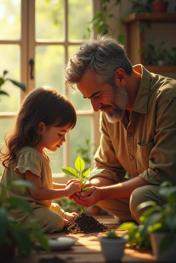 Father, daughter and little plant