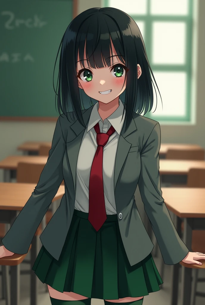 anime, pale skin girl, medium black straight hair. dull green eyes, with fangs. Crazy girl look, blazer gris, Red tie, green stockings, green skirt. classroom background. sexy. smiling.