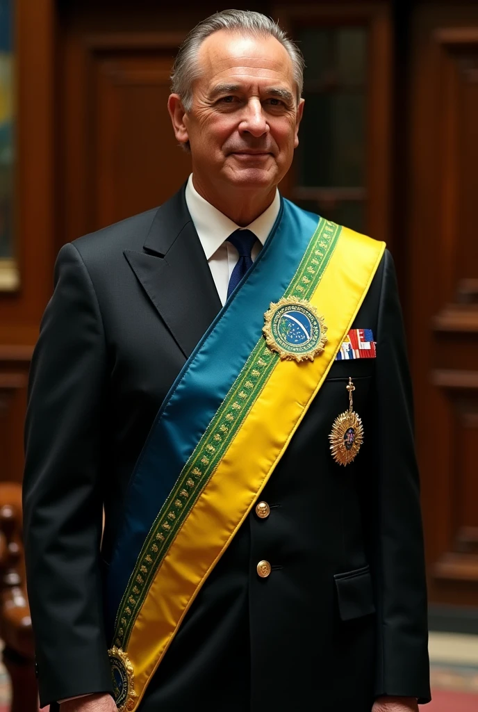 Create a presidential sash with the colors of the Brazilian flag, just fix it from the front