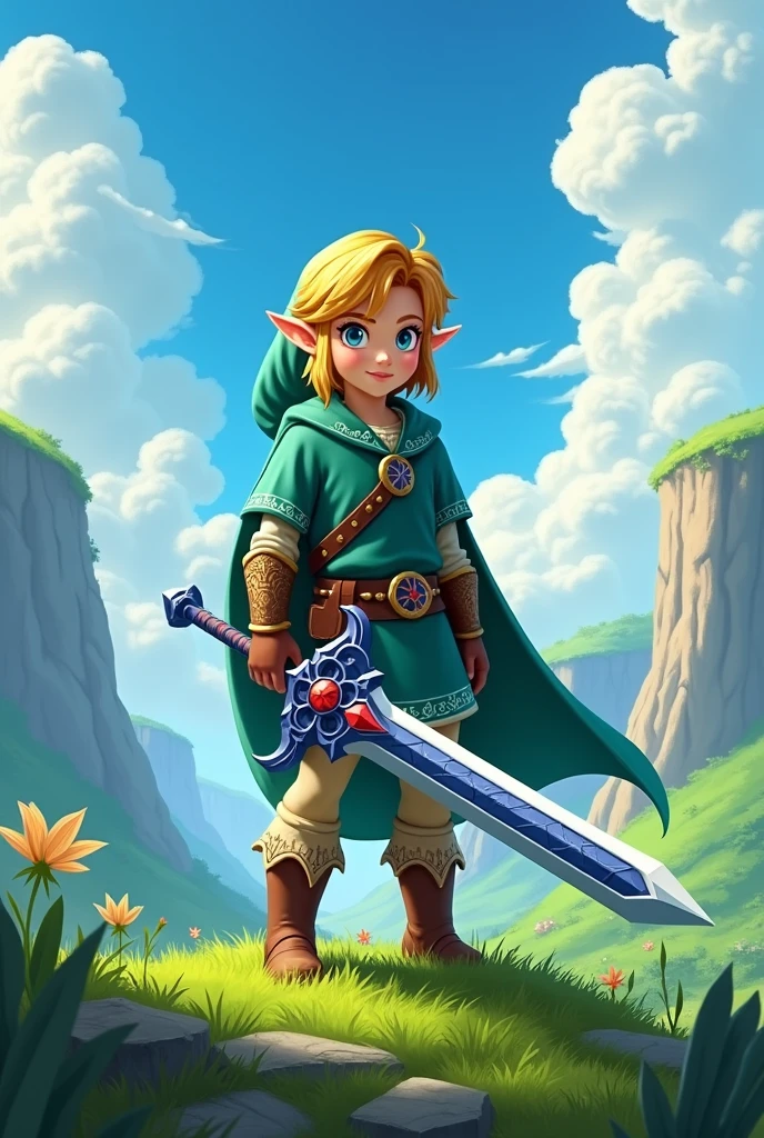 Fantasy-style digital illustration, featuring a young character Zelda Link with fair skin and blonde hair, standing on a grassy, moss-covered hill. The character is dressed in medieval-style armor and clothing, holding a large, ornate sword with a blue blade and red details. The background shows a vibrant, lush landscape with towering cliffs and a bright blue sky filled with fluffy white clouds. The overall color palette is bright, with a strong emphasis on greens and blues, creating a sense of adventure and exploration.