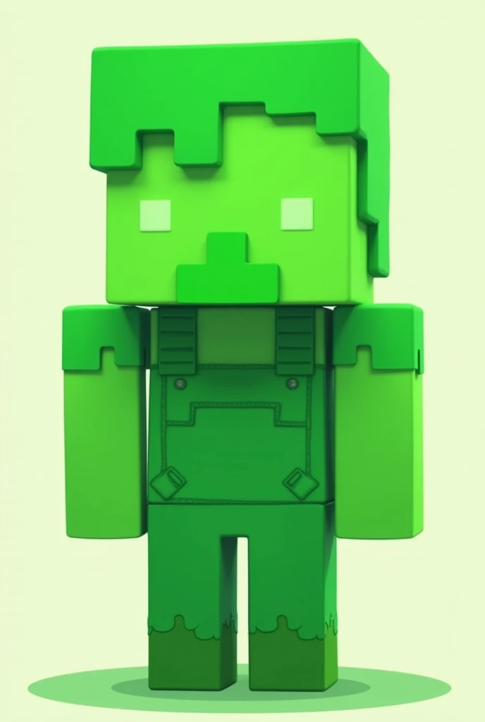 Minecraft character green skin green hair green hat green overalls with two light green spots on the face green pants green shoes two watches on the right arm and one on the left square character 

