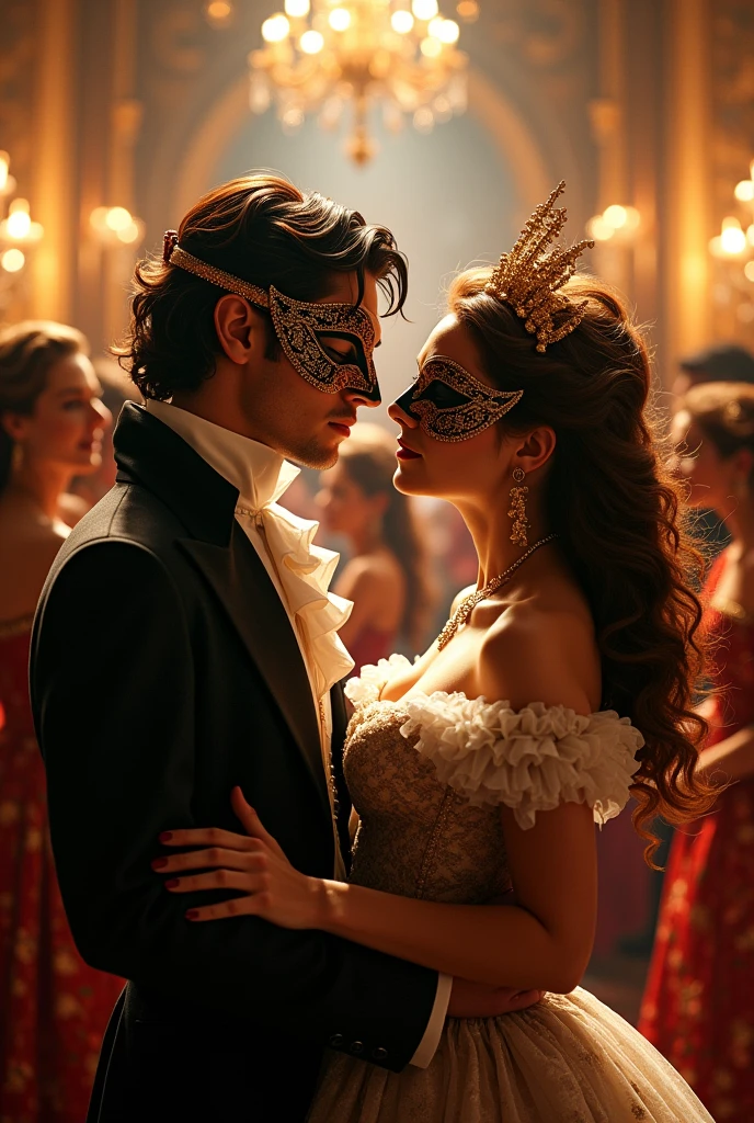 Generates an image of Romeo and Juliet at their masquerade ball meeting