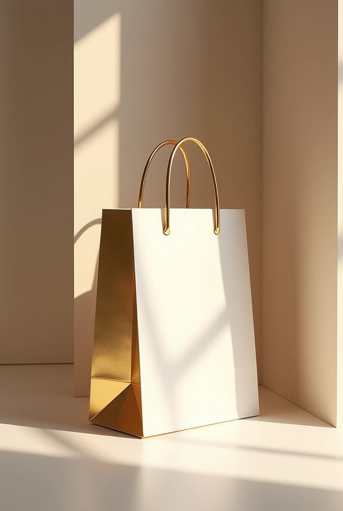 Create an image post of a gleaming paper shopping bag in golden, white and beige tones, symbolizing luxury, craftsmanship and innovation. The shoping bag should be prominently featured against a minimalistic background, conveying a sense of anticipation and excitement. Include subtle hints of a shop or storefront in the background to suggest that we will soon be opening a store. Overall, the image should evoke a feeling of quality and readiness, inviting our audience to look forward to our upcoming launch