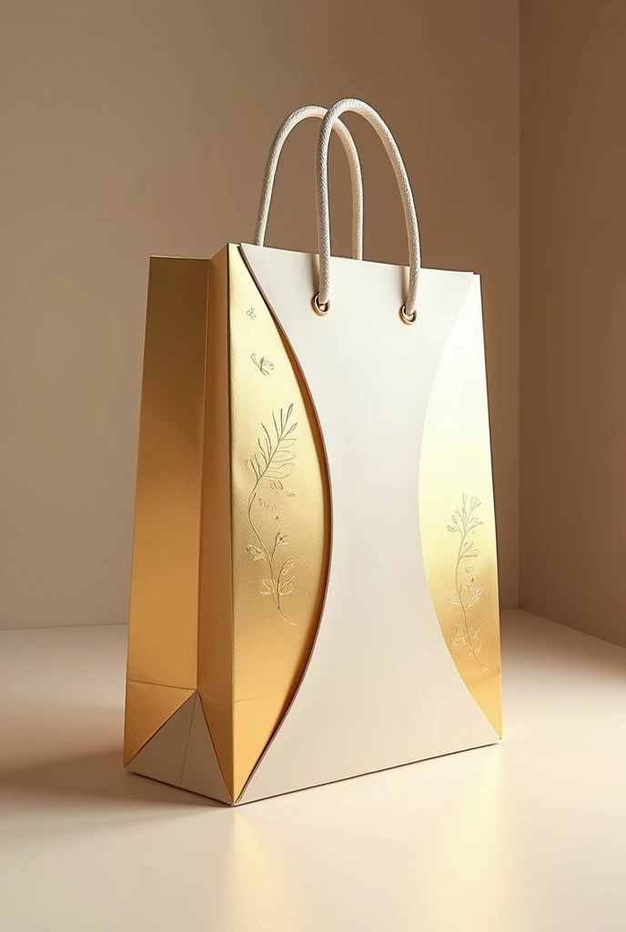 Create an image post of a gleaming paper shopping bag in golden, white and beige tones, symbolizing luxury, craftsmanship and innovation. The shoping bag should be prominently featured against a minimalistic background, conveying a sense of anticipation and excitement. Include subtle hints of a shop or storefront in the background to suggest that we will soon be opening a store. Overall, the image should evoke a feeling of quality and readiness, inviting our audience to look forward to our upcoming launch