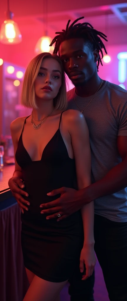(Photorealsitic:1.4), (masterpiece:1.3), (top-quality:1.4), ((ultrarealistic)), HD 8k,  (Sharp focus: 1.2), (Focus on the face:1.4), 
well proportioned full body of 
Claire ((shy innocent and little 24 years woman) and 
Tyron ((big over muscular ) and nt black man 30 years ), much taller than Claire,
Claire with bright expression, (extremely beautiful: 1.2), amazing beautiful, extraordinary beautiful, Detailed cute femenine and beautiful face, Detailed facial features ,Perfect Style, Beautiful Face, Anatomically correct, Highly detailed face and skin texture,  Natural Cheeks, Glowing white skin, Fair skin: 1.3, (Glossy Lips: 1.4), Attractive light and dark platinum blonde short straight silky hainer hair, Attractive glowing beautiful bright clear light blue big naive  eyes, double eyelids, fine little sensual nose, femenine little mouth with big full red pucky lips, thin chin,  freckles, narrow long neck, femenine narrow shoulders, detailed eyes and face, long eyelashes, elegant lady, graceful sexy p, Glowing white shiny skin, subtle makeup, extremely  beautyful tonned  legs, extremely nice perky ass, narrwaist, defined and toned belly. sexy hips,, l Lush bust, 
Tyron is a dangerous man, handsome and extremely masculine, (strong and muscular legs chest and arms), wide shoulders, powerful jaw, detailed medium dreadlocks, (clean face without beard: 1.1), 
(cozy night dance club ), [background], 
alternative vibe,vibrant lighting, high contrast,dramatic shadows,highly detailed,detailed skin,depth of field,dynamic angle, 
Claire is wearing a ((knee length) black elegant dress) matching detailed hig heels, 
Tyron is wearing a gray lycra tight t-shirt showing his muscles,
(Claire  in front Tyron, Tyron behind Claire holding her waist and people around, Claire looking at viewer and Tyron at her back  looking her hips: 1.2),
full body view, desire look, (ce full body view: 1.0) , detailed skin, detailed lips.