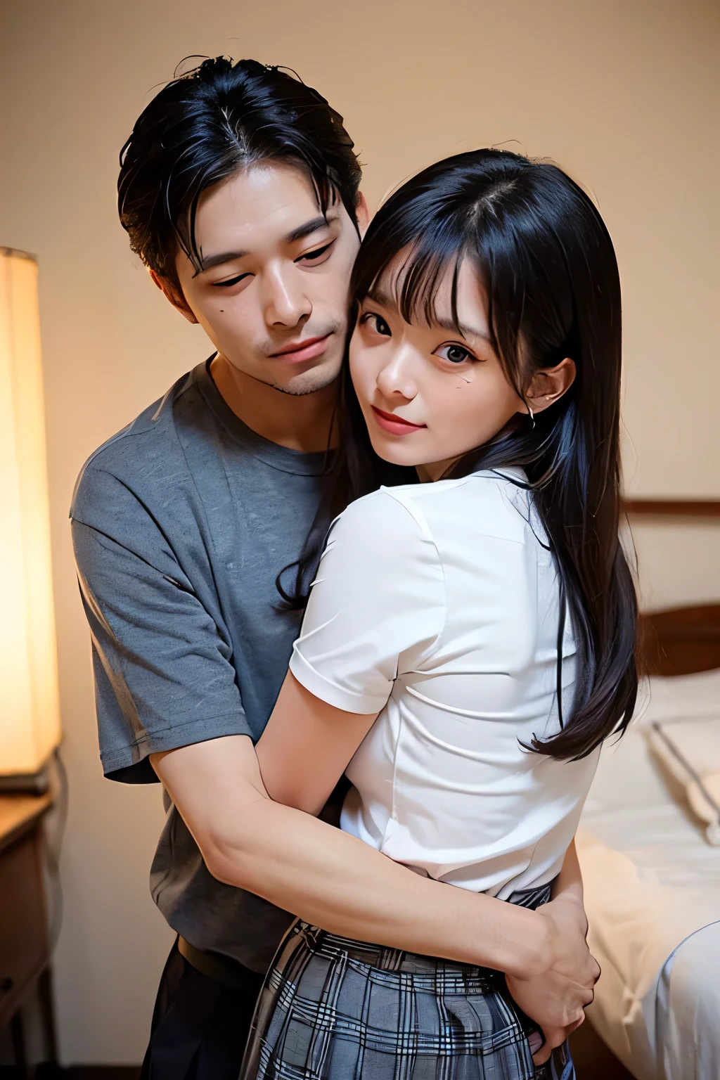 masterpiece，Highest quality，Advanced Details，1 male，1 female，((Hotel Bedroom:1.4))、((Woman in the Japan of shortcuts:1.4))，(((A woman wearing a white short-sleeved shirt and a gray checkered pleated skirt as her school uniform:1.4))，((Japanese man wearing jeans 1 male:1.7))，((Black Haired Man:1.5))，That man is very handsome，((man hugs woman from behind:1.4))、((A man touches a woman&#39;s breasts:1.4))，The woman is short，That man is tall，Reflects the height difference between men and women，The woman&#39;s height is 160cm...，The man is 175cm tall..，((A man hugs a woman from behind:1.4))，((They are standing next to the bed.:1.5))、Women play a leading role、Women are skinny，Small breasted women、