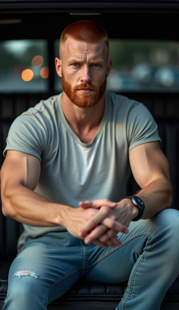 (photorealism:1.2), The image is a portrait-style photograph of a muscular man sitting in what appears to be the back of a vehicle. He has a well-defined jawline, red hair, an American buzz cut, and a well-defined beard. His skin is fair. He is wearing a light gray short-sleeved shirt over a white V-neck T-shirt, paired with light blue jeans. The background is slightly out of focus, focusing attention on the subject. It's night. The lighting is soft, highlighting his facial features and muscular arms.