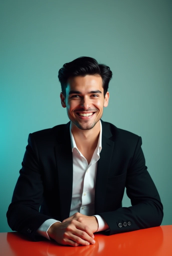 A young Man With Dark hair and a confident smile He is Dressed in a black blazer over a white shirt The man is positioned against aqua colour backdrop with a subtle red lighting on and sitting on table