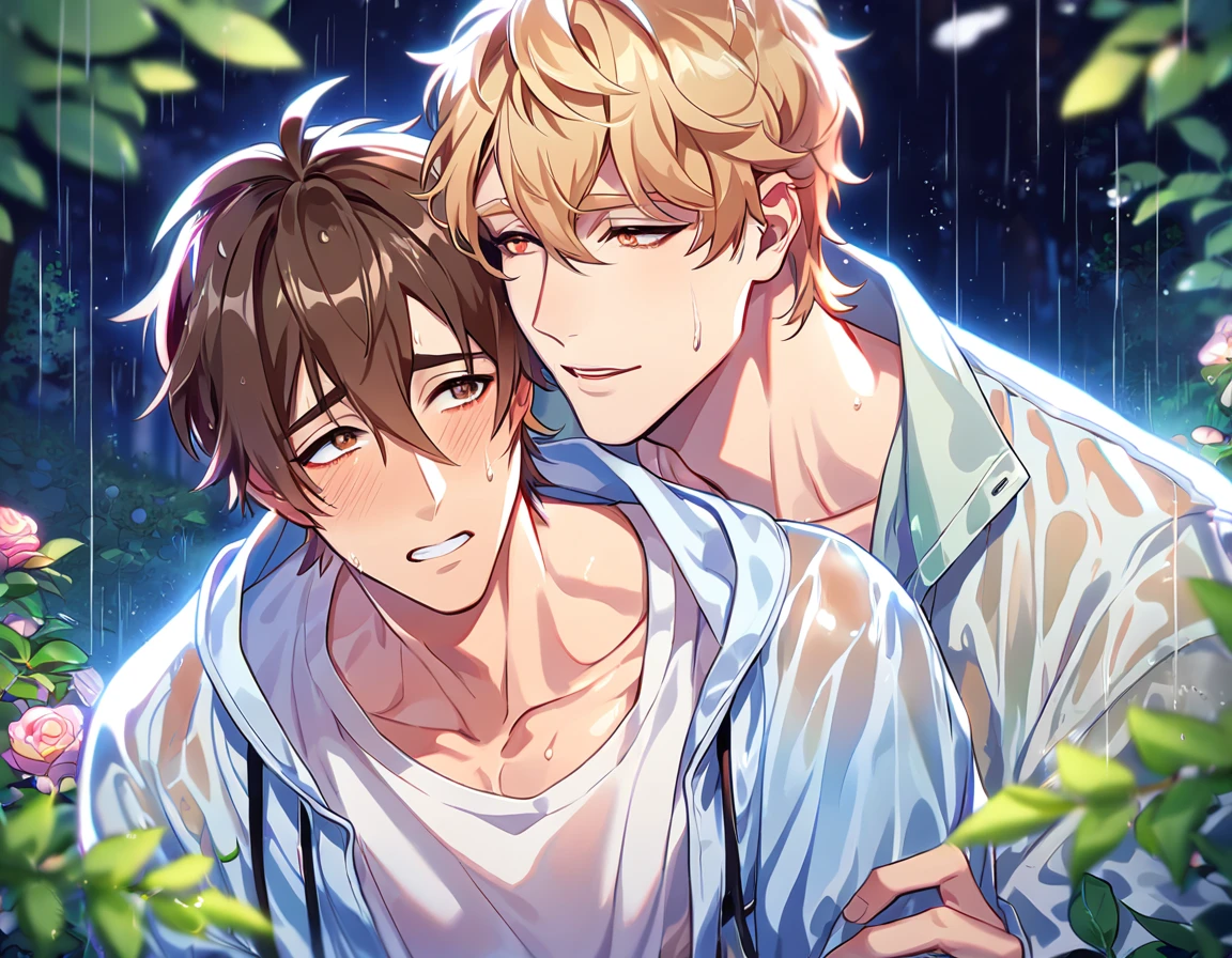 absurdres, highres, ultra detailed, HDR, master piece, best quality, extremely detailed, detailed eyes, detailed face, Quincy, blonde hair, expressive orange eyes, Nu Carnival, Eiden, brown hair, expressive brown eyes, two sexy men together, yaoi, gay couple, handsome, horny, lewd, wet, light-blue transparent rain coat, transparent black rain coat, his white shirt can be seen through, spring, flowers, green leaves, magical forest, dark fantasy, rain, night