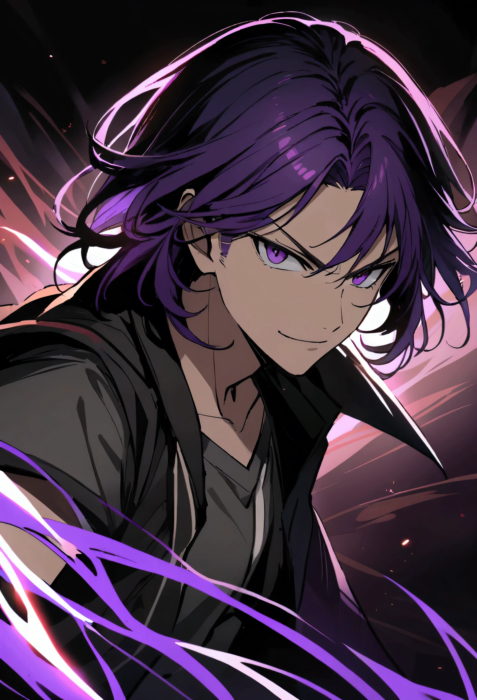 teenage boy, tidy hair, medium length hair, multicolored black and purple hair, middle stripe, dark purple eyes, serious face, simple smile, gray shirt, loose black short sleeve overcoat.
