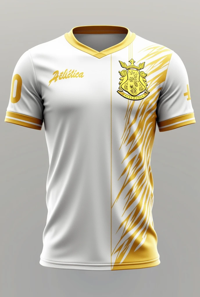 Create a mockup of a commemorative sports t-shirt in celebration of Atlética's 10th anniversary. The shirt must be predominantly white with gold details..
Specifications:
background color: White with a stylized pattern that evokes a modern sporty design.
Right Side of Chest: Include a number in gold, in a bold, sporty font.
Left side of the chest: Place a golden coat of arms. The coat of arms must be detailed, incorporating celebratory and sporting elements.
Additional Detail: Add gold accents along the sleeves or sides to complement the design and highlight the celebratory theme..