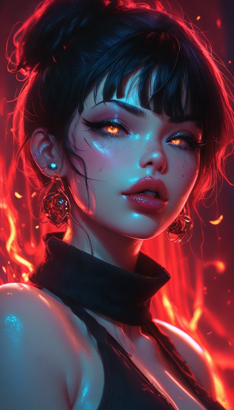 A character with an imposing and energetic appearance, wrapped in intense flames of vibrant colors ranging from orange to purple, creating a feeling of overwhelming power. His hair is white and messy, contrasting with a black mask covering his eyes, giving it an enigmatic and dangerous air. The character wears a dark tunic tied with a ribbon., while his body seems to emanate a fiery energy that distorts into chaotic patterns around him. The lines of fire and energy blend with your figure, highlighting his control over immense forces. The art style is colorful and dynamic, with thick strokes and fluid movements that convey a sense of action and supernatural power