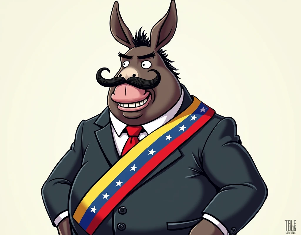 Create a cartoon image of Maduro's donkey drooling with a wide mustache and no beard, dressed in a suit with the presidential sash with three red stripes, blue and yellow in that order with 8 white stars on the blue stripe, the body must be fat.