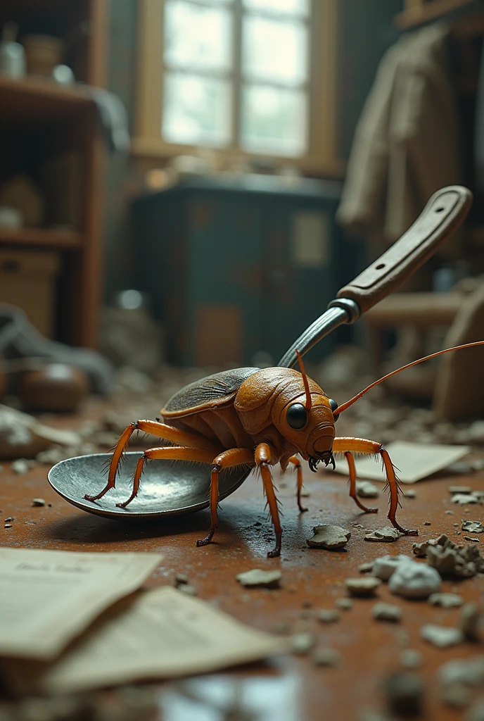 Image from the following text A cockroach with 8 legs and 2 antennae discovers a messy room and tries to figure out what's inside, a medium spoon in a large quarter