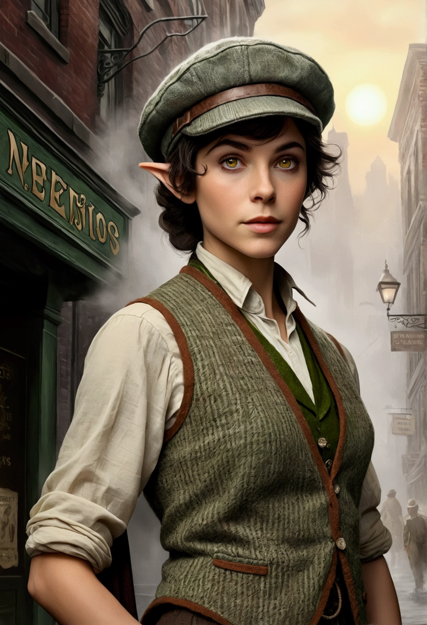 An illustrated movie poster, hand-drawn, full color, an elven maiden, wearing a tweed vest and a newsie cap, tall, toned, amazonian stature, athletic hourglass figure, long pointy elf ears, peridot eyes, dark hair, shaggy bob cut, deep sun-tanned skintone, freckles, standing on a foggy Victorian-era street corner, graphite shading, stencil marks, airbrushed acrylic paint, masterpiece, in the style of Sherlock Holmes, elf ears